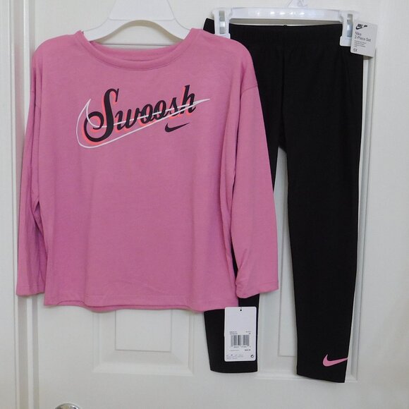 NWT 2pc Nike Pink Swoosh Top & Black Leggings Set in a size 6x - Picture 1 of 1